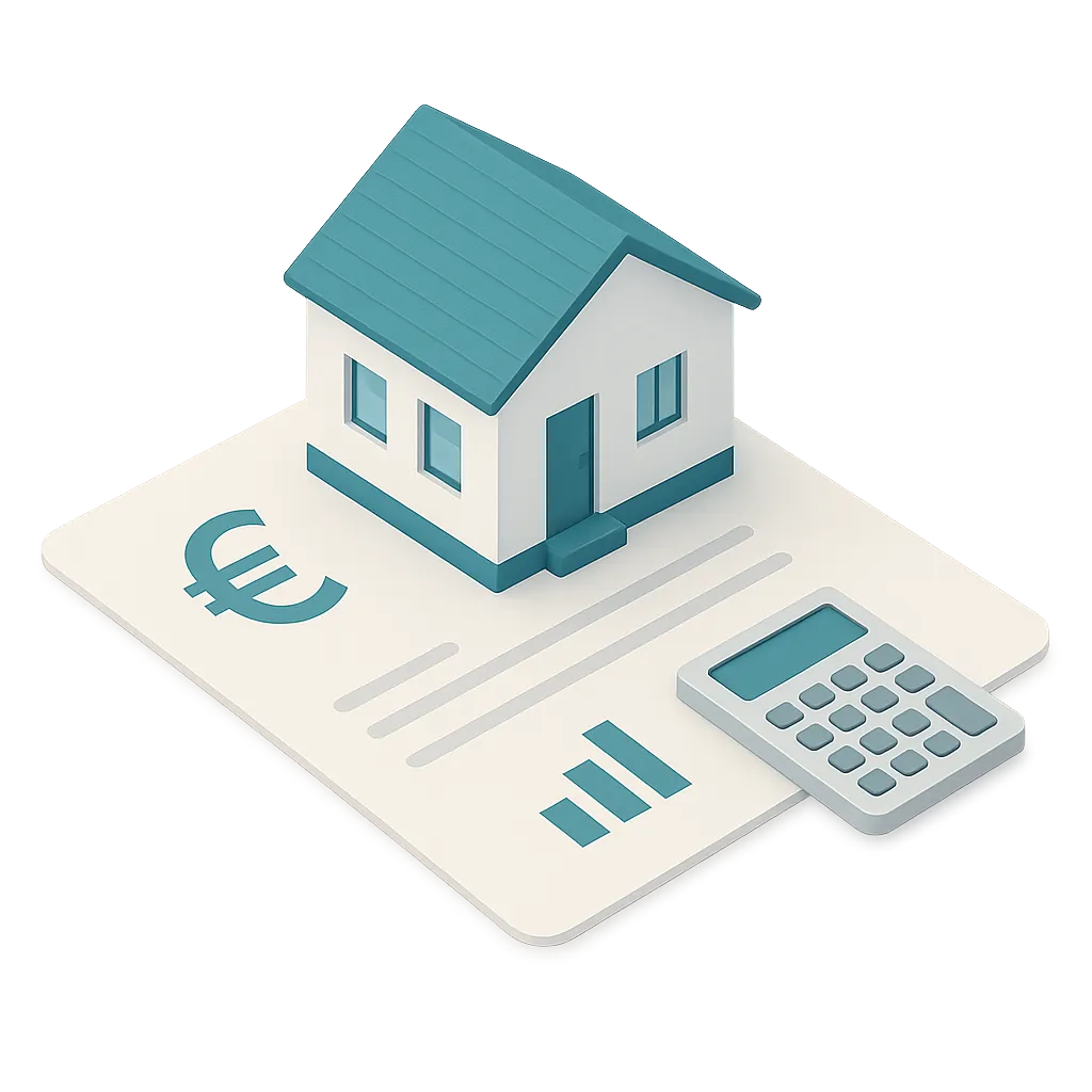 Illustration d’une maison posée sur des documents financiers et une calculatrice