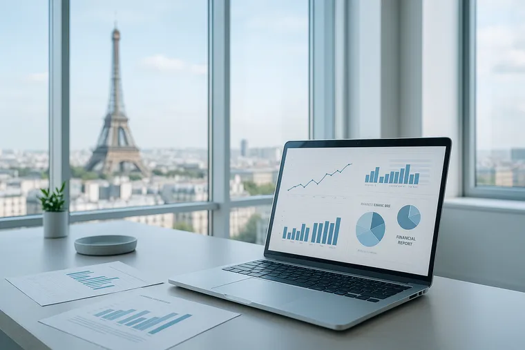 Bureau lumineux avec vue sur Paris et tableaux de bord à l’écran