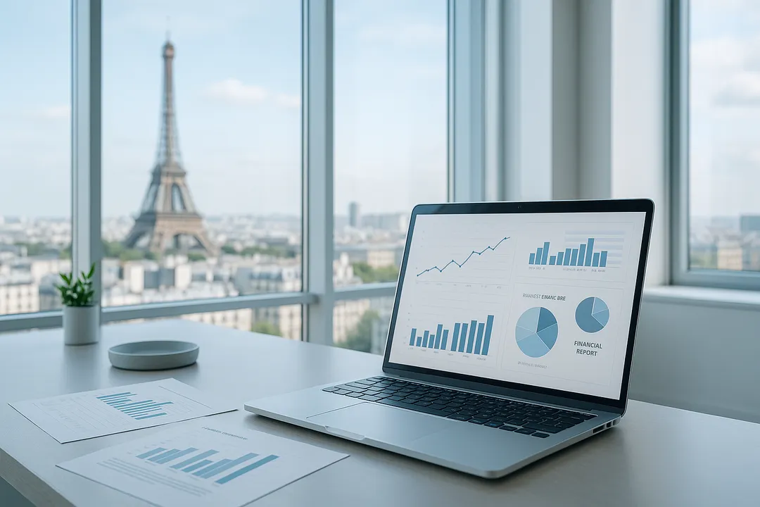 Bureau lumineux avec vue sur la tour Eiffel, ordinateur portable affichant des graphiques